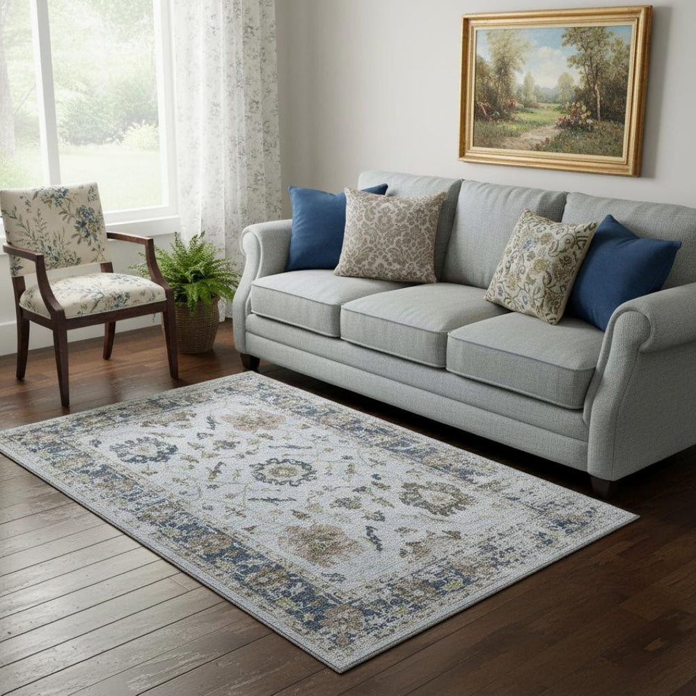 HomeRoots 8' Blue Gray & Taupe Washable Round Oriental Rug - UV Protected, Stain Resistant, Ideal for High-Traffic Areas 709869