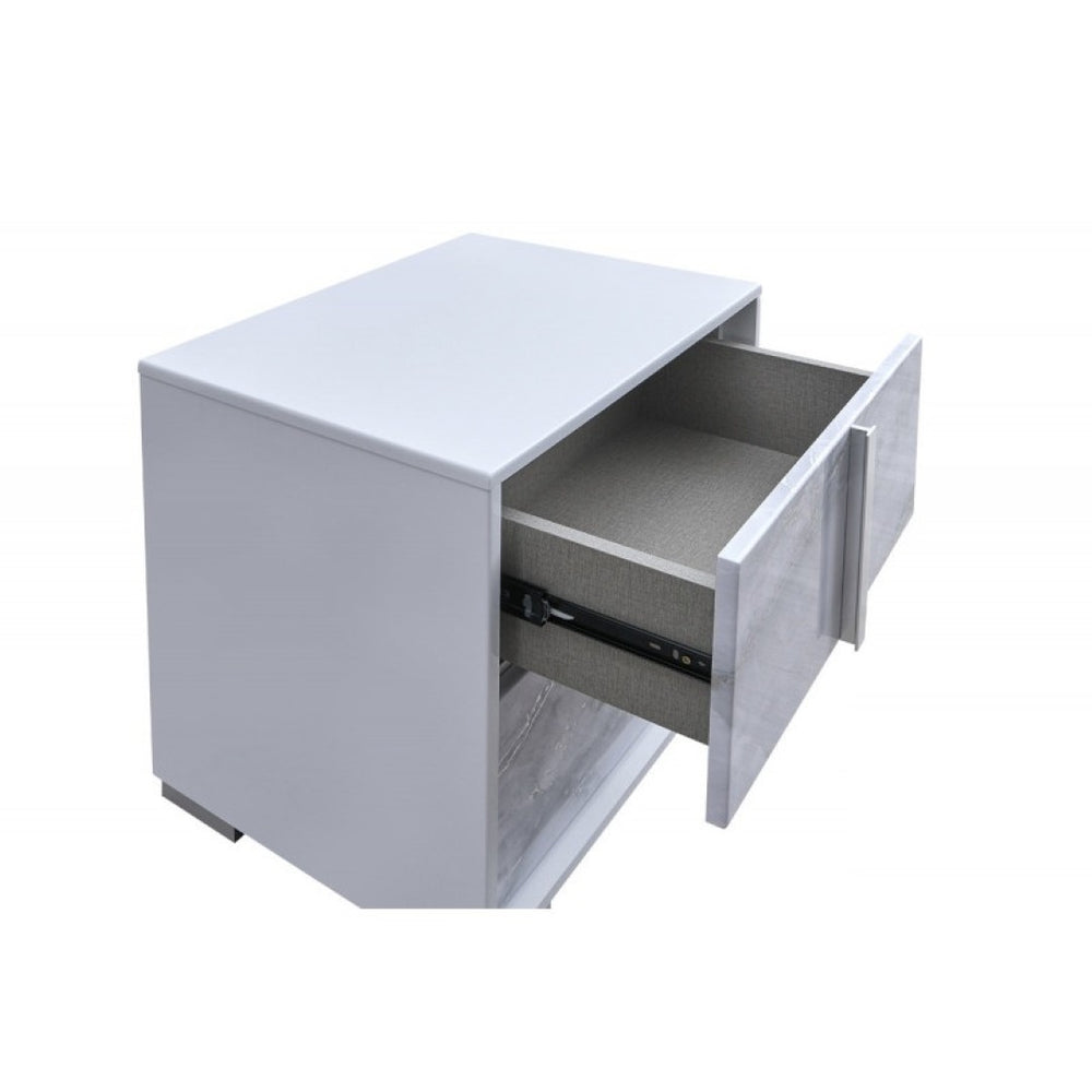 English Elm White/silver Lacquer Nightstand with Marble Panel Drawers for Modern Bedroom Decor B011P496278