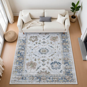 HomeRoots 9' X 12' Washable Blue Gray & Taupe Oriental Area Rug with UV Protection for Family-Friendly Spaces 709871