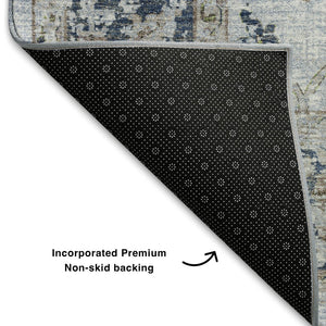 HomeRoots 9' X 12' Washable Blue Gray & Taupe Oriental Area Rug with UV Protection for Family-Friendly Spaces 709871
