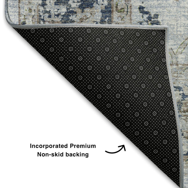 HomeRoots 9' X 12' Washable Blue Gray & Taupe Oriental Area Rug with UV Protection for Family-Friendly Spaces 709871
