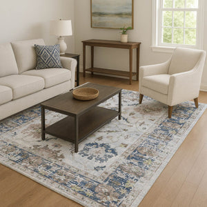 HomeRoots 9' X 12' Washable Blue Gray & Taupe Oriental Area Rug with UV Protection for Family-Friendly Spaces 709871