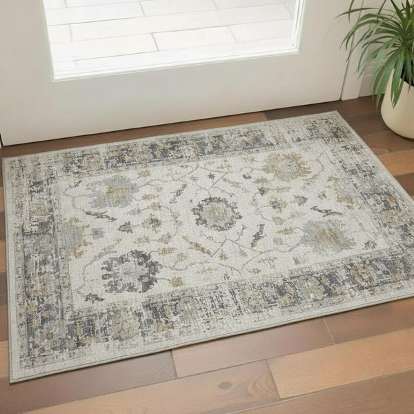 HomeRoots 5' X 8' Ivory Taupe & Gray Oriental Area Rug - Machine Washable, UV Protected, Pet Friendly Charm 709874