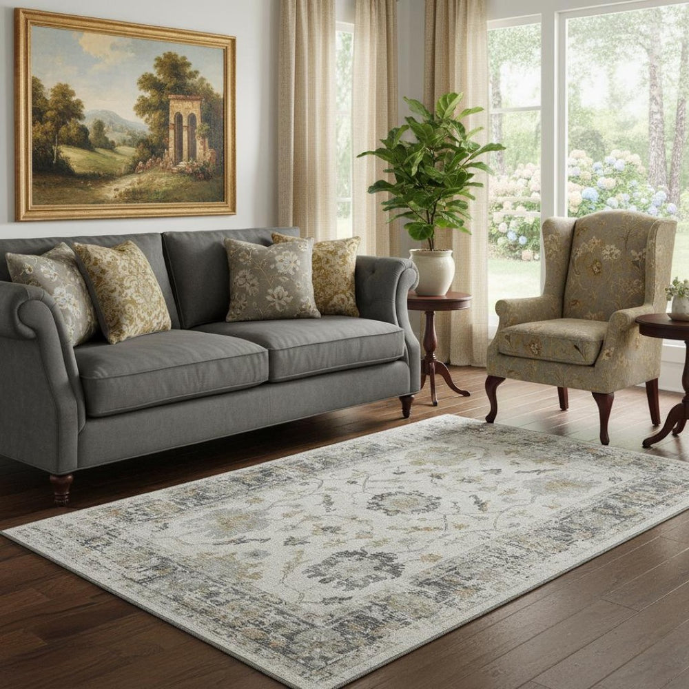 HomeRoots 8' Elegant Ivory Taupe Gray Round Rug - Washable, UV Protected, Stain Resistant, Family Friendly 709875