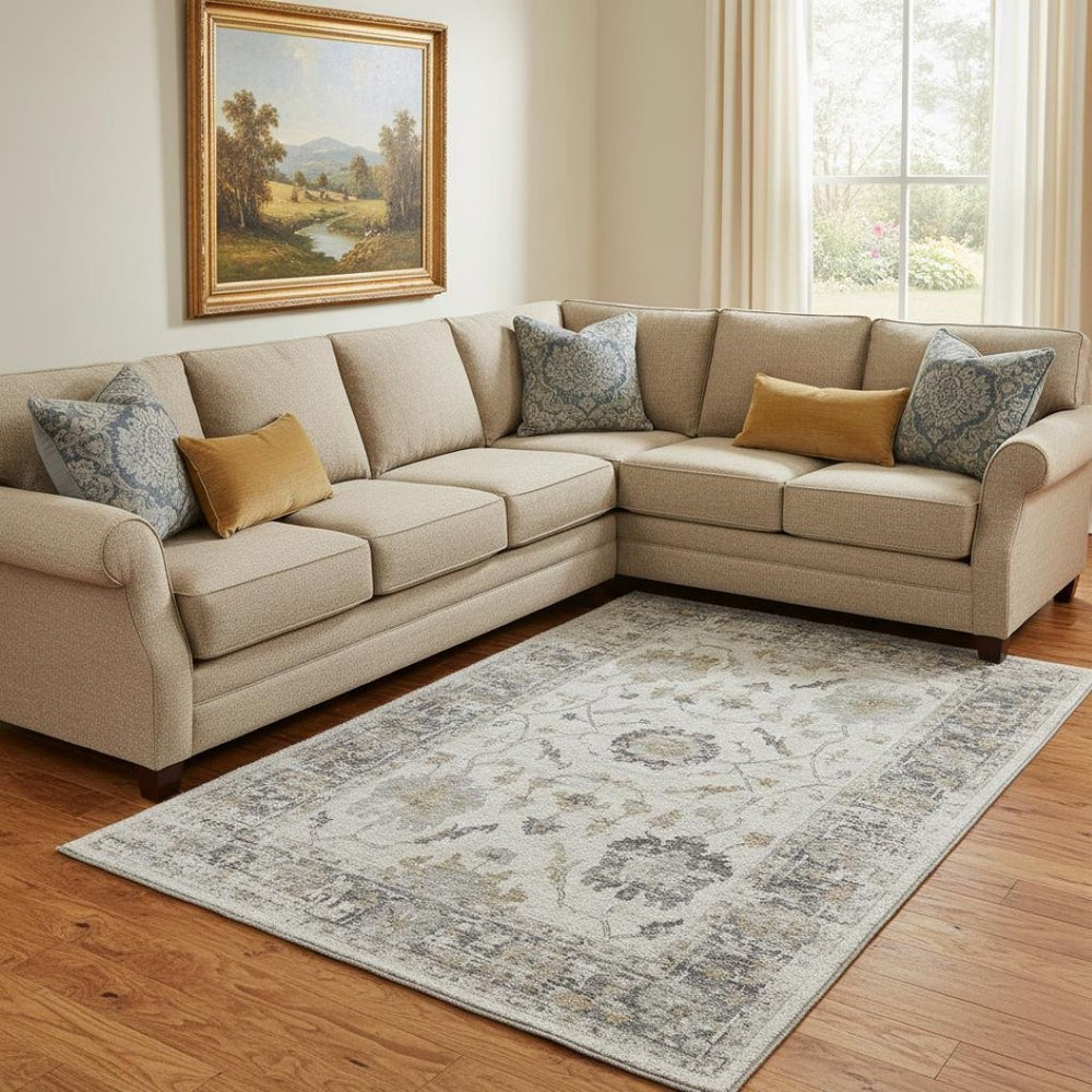 HomeRoots 9' X 12' Washable Ivory, Taupe & Gray Oriental Area Rug with UV Protection for Kids & Pets 709877