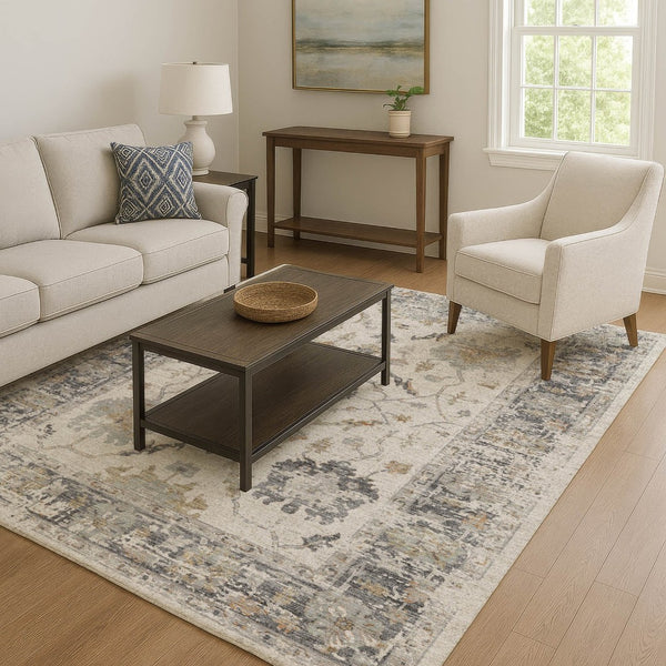 HomeRoots 9' X 12' Washable Ivory, Taupe & Gray Oriental Area Rug with UV Protection for Kids & Pets 709877