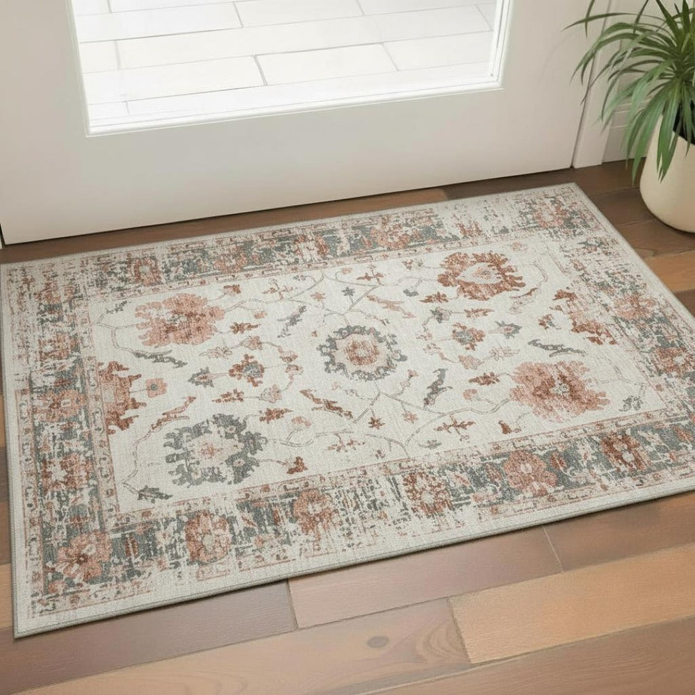 HomeRoots 5' X 8' Linen Ivory & Salmon Washable Area Rug - Durable, Stylish, Stain-Resistant with UV Protection 709880