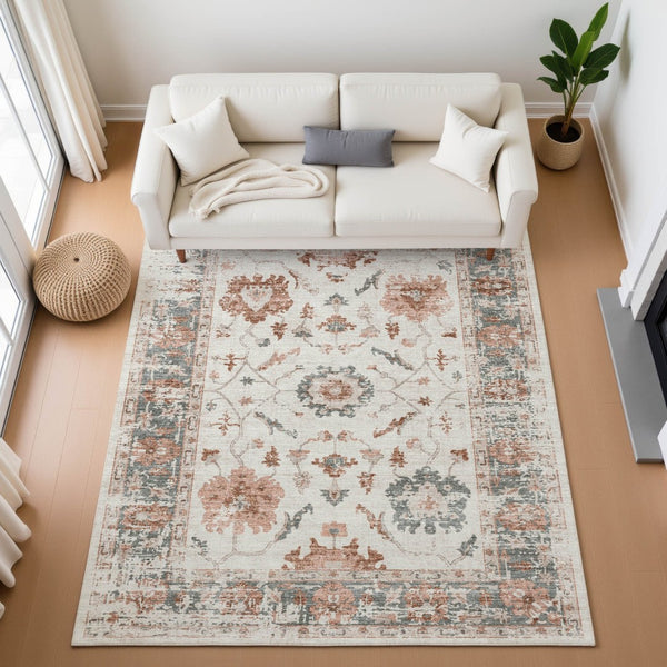 HomeRoots 5' X 8' Linen Ivory & Salmon Washable Area Rug - Durable, Stylish, Stain-Resistant with UV Protection 709880