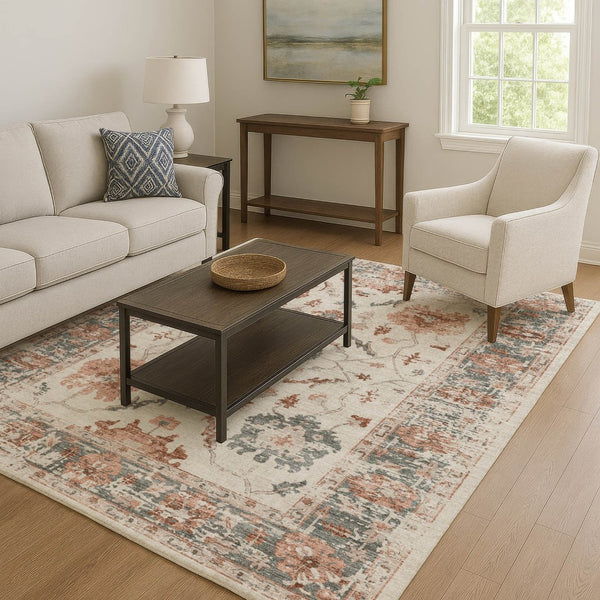 HomeRoots 5' X 8' Linen Ivory & Salmon Washable Area Rug - Durable, Stylish, Stain-Resistant with UV Protection 709880