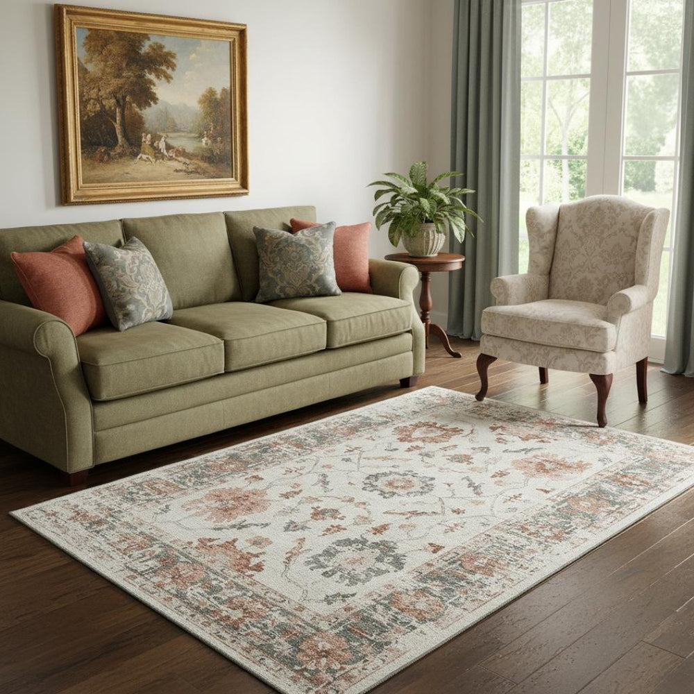 HomeRoots 8' Washable Linen Ivory and Salmon Round Rug - UV Protected, Durable, Stylish for Busy Homes 709881