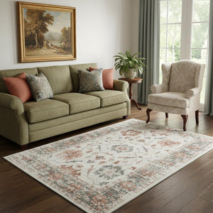 HomeRoots 8' Washable Linen Ivory and Salmon Round Rug - UV Protected, Durable, Stylish for Busy Homes 709881