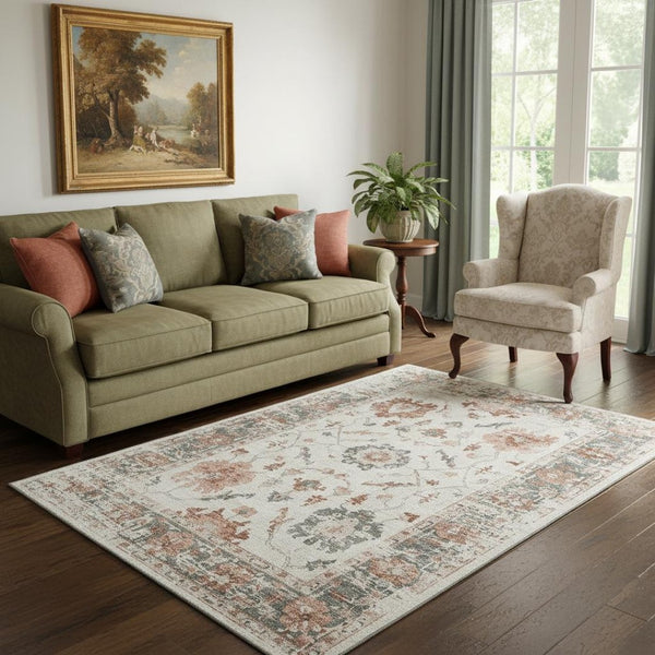 HomeRoots 8' Washable Linen Ivory and Salmon Round Rug - UV Protected, Durable, Stylish for Busy Homes 709881