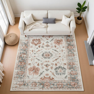 HomeRoots 8' Washable Linen Ivory and Salmon Round Rug - UV Protected, Durable, Stylish for Busy Homes 709881