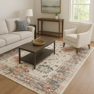 HomeRoots 8' Washable Linen Ivory and Salmon Round Rug - UV Protected, Durable, Stylish for Busy Homes 709881