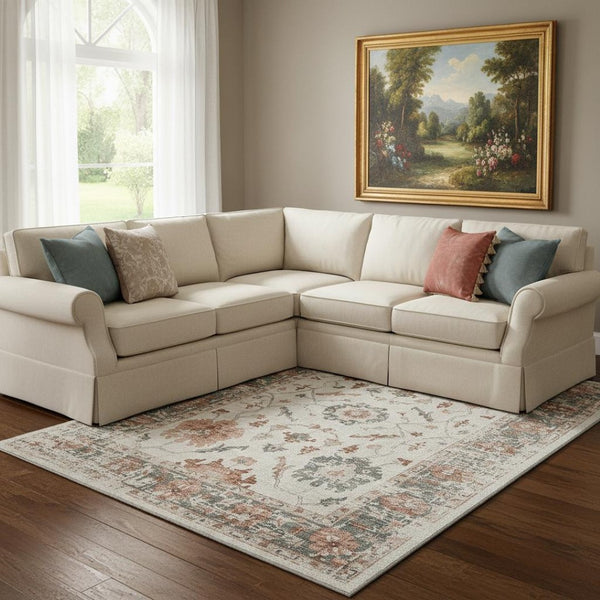 HomeRoots 9' X 12' Linen Ivory & Salmon Oriental Washable Area Rug - UV Protected, Stain Resistant Elegance 709883