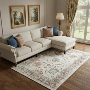 HomeRoots 10' X 14' Elegant Linen Ivory & Salmon Oriental Washable Area Rug with UV Protection & Non-Slip Backing 709884