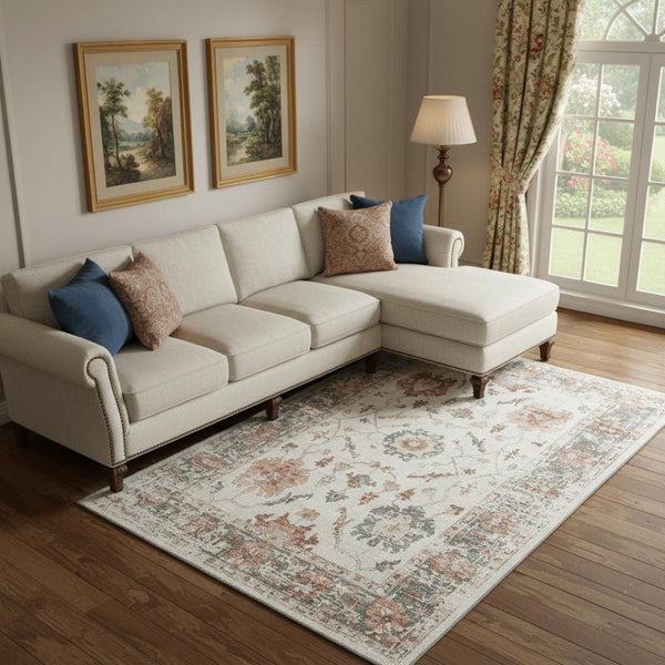 HomeRoots 10' X 14' Elegant Linen Ivory & Salmon Oriental Washable Area Rug with UV Protection & Non-Slip Backing 709884