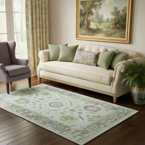 HomeRoots 8' Elegant Mint Green & Gray Oriental Washable Round Rug – UV Protected, Stain-Resistant Style! 709887