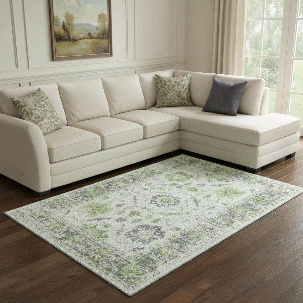 HomeRoots 9' Mint Green and Gray Oriental Washable Area Rug – UV Protected, Stain Resistant, Durable Design! 709889