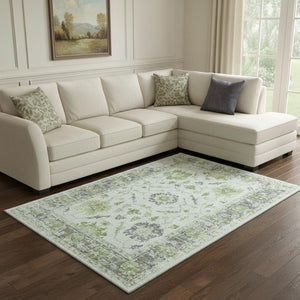 HomeRoots 9' Mint Green and Gray Oriental Washable Area Rug – UV Protected, Stain Resistant, Durable Design! 709889
