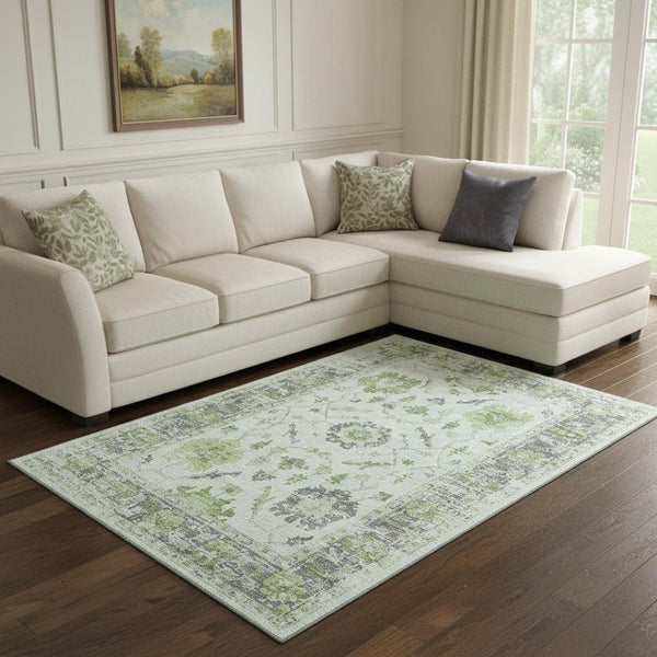 HomeRoots 9' Mint Green and Gray Oriental Washable Area Rug – UV Protected, Stain Resistant, Durable Design! 709889