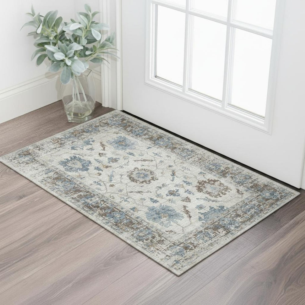 HomeRoots 5' X 8' Washable Beige Blue Brown Oriental Area Rug with UV Protection & Stain Resistance for Homes 709892
