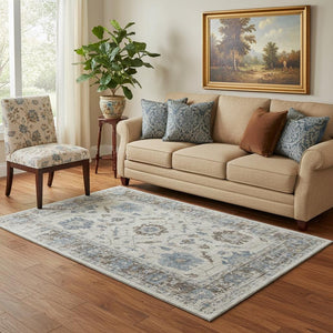 HomeRoots 8' Beige, Blue & Brown Oriental Washable Round Rug - Durable, UV-Protected, Stain-Resistant Design! 709893