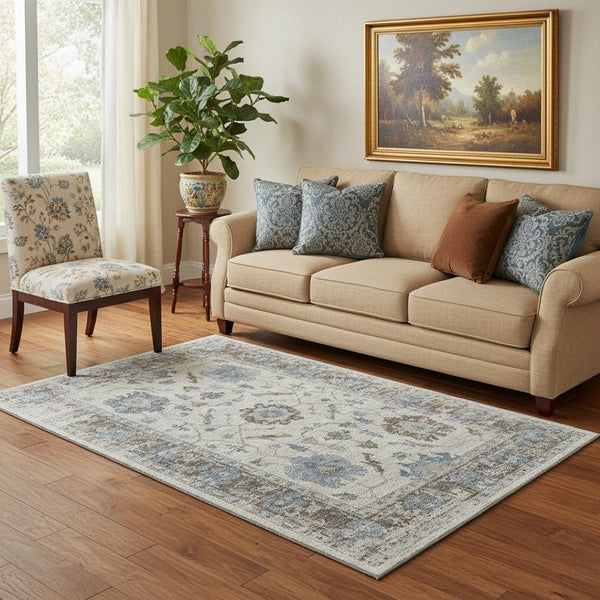 HomeRoots 8' Beige, Blue & Brown Oriental Washable Round Rug - Durable, UV-Protected, Stain-Resistant Design! 709893