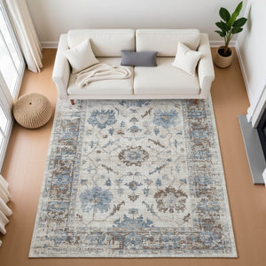 HomeRoots 8' Beige, Blue & Brown Oriental Washable Round Rug - Durable, UV-Protected, Stain-Resistant Design! 709893