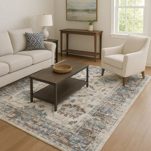 HomeRoots 8' Beige, Blue & Brown Oriental Washable Round Rug - Durable, UV-Protected, Stain-Resistant Design! 709893