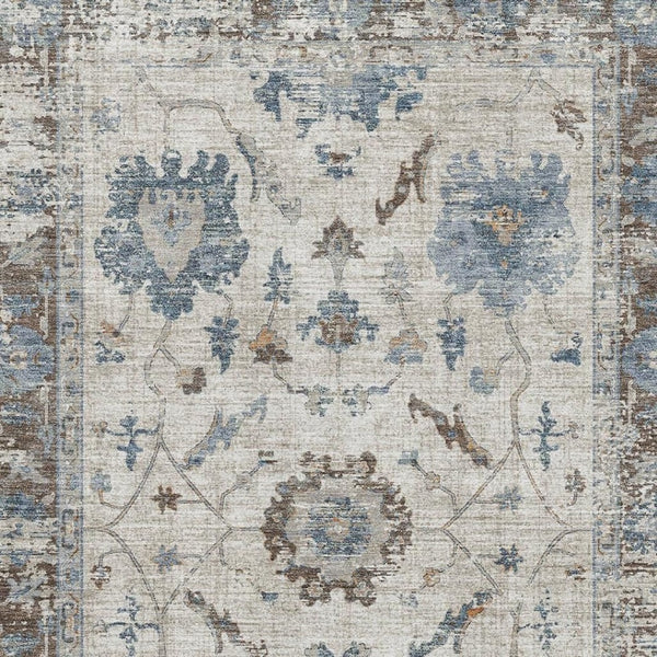 HomeRoots 8' Beige, Blue & Brown Oriental Washable Round Rug - Durable, UV-Protected, Stain-Resistant Design! 709893