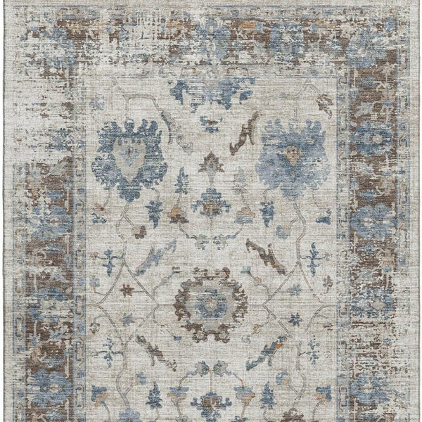 HomeRoots 8' Beige, Blue & Brown Oriental Washable Round Rug - Durable, UV-Protected, Stain-Resistant Design! 709893