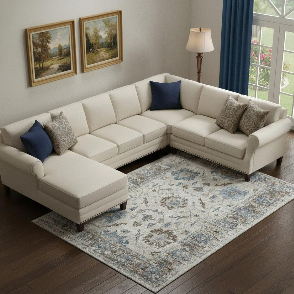 HomeRoots 10' Washable Beige, Blue & Brown Oriental Area Rug - UV Protected, Stain Resistant, Durable Design 709896
