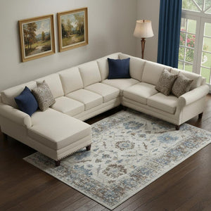 HomeRoots 10' Washable Beige, Blue & Brown Oriental Area Rug - UV Protected, Stain Resistant, Durable Design 709896