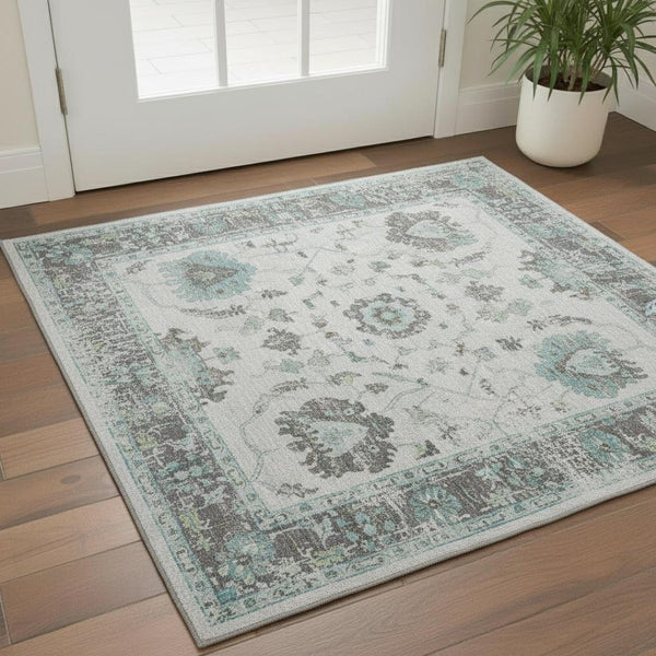 HomeRoots 5' X 8' Teal Gray Charcoal Oriental Rug - Washable, UV Protected, Stain Resistant for Busy Homes 709898