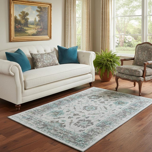 HomeRoots 8' Teal Gray and Charcoal Oriental Round Rug - Washable, UV Protected, Stain-Resistant, Non-Slip 709899