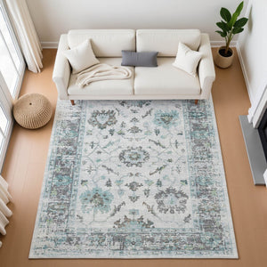 HomeRoots 8' Teal Gray and Charcoal Oriental Round Rug - Washable, UV Protected, Stain-Resistant, Non-Slip 709899