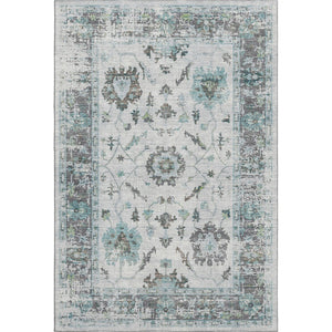 HomeRoots 8' Teal Gray and Charcoal Oriental Round Rug - Washable, UV Protected, Stain-Resistant, Non-Slip 709899