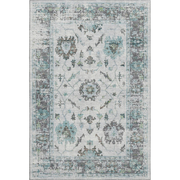 HomeRoots 8' Teal Gray and Charcoal Oriental Round Rug - Washable, UV Protected, Stain-Resistant, Non-Slip 709899