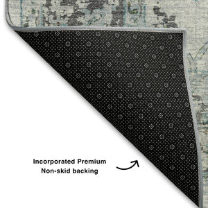 HomeRoots 8' Teal Gray and Charcoal Oriental Round Rug - Washable, UV Protected, Stain-Resistant, Non-Slip 709899