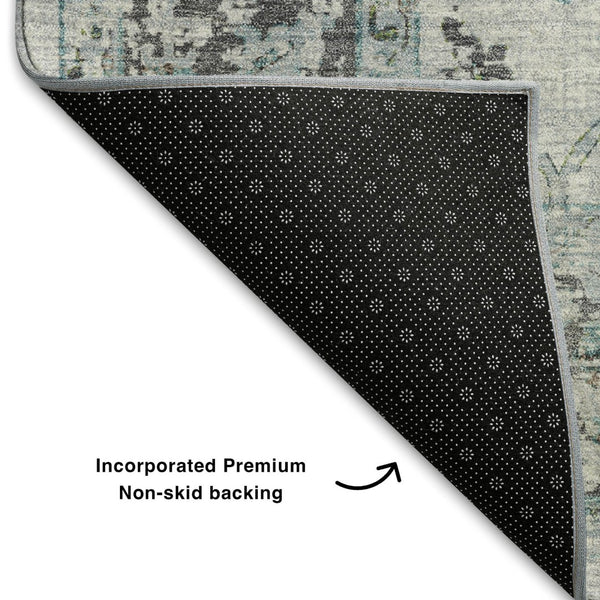 HomeRoots 8' Teal Gray and Charcoal Oriental Round Rug - Washable, UV Protected, Stain-Resistant, Non-Slip 709899