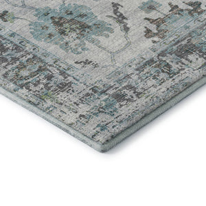 HomeRoots 8' Teal Gray and Charcoal Oriental Round Rug - Washable, UV Protected, Stain-Resistant, Non-Slip 709899
