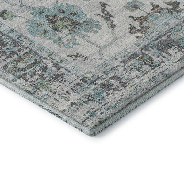 HomeRoots 8' Teal Gray and Charcoal Oriental Round Rug - Washable, UV Protected, Stain-Resistant, Non-Slip 709899