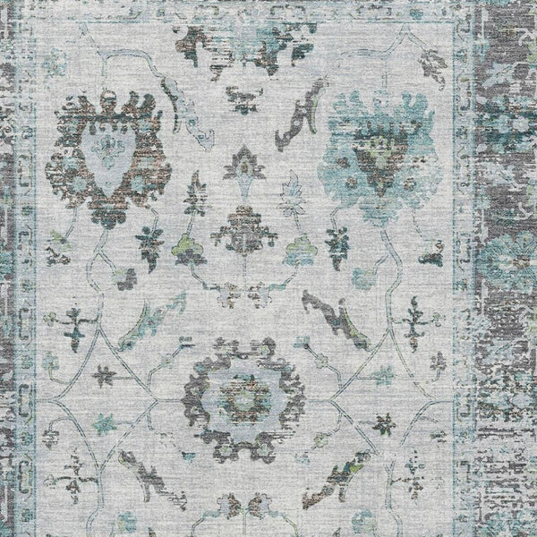 HomeRoots 8' Teal Gray and Charcoal Oriental Round Rug - Washable, UV Protected, Stain-Resistant, Non-Slip 709899