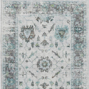 HomeRoots 8' Teal Gray and Charcoal Oriental Round Rug - Washable, UV Protected, Stain-Resistant, Non-Slip 709899