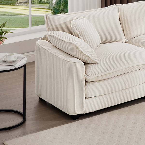 English Elm Corduroy Two-Seater Sofa With Ottoman - Chic L-Shaped Design For Cozy Small Spaces In Light Beige W714S00770