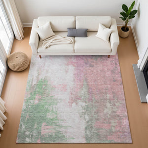 HomeRoots 8' Blush Green & Gray Abstract Washable Round Rug - UV Protected, Stain Resistant, Non-Slip Design 709905