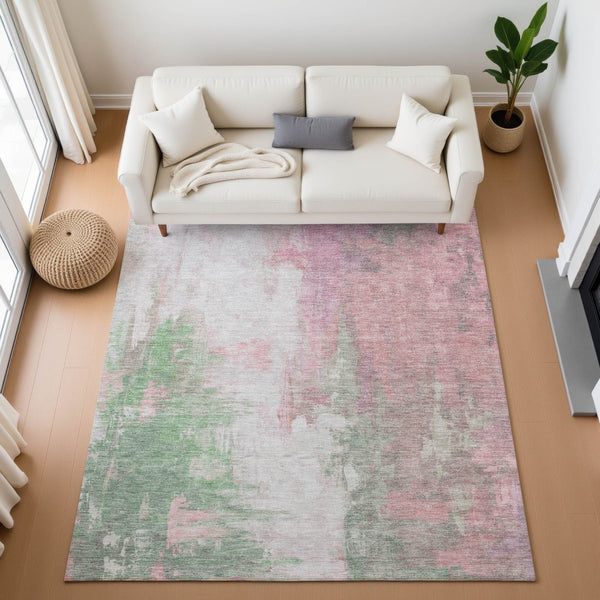 HomeRoots 8' Blush Green & Gray Abstract Washable Round Rug - UV Protected, Stain Resistant, Non-Slip Design 709905