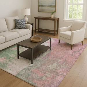 HomeRoots 8' Blush Green & Gray Abstract Washable Round Rug - UV Protected, Stain Resistant, Non-Slip Design 709905