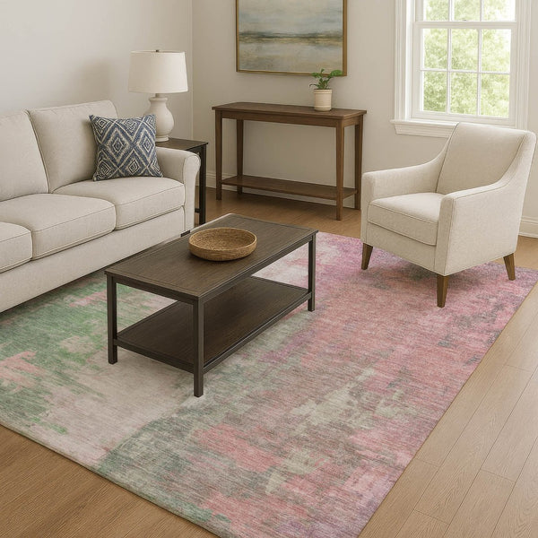 HomeRoots 8' Blush Green & Gray Abstract Washable Round Rug - UV Protected, Stain Resistant, Non-Slip Design 709905